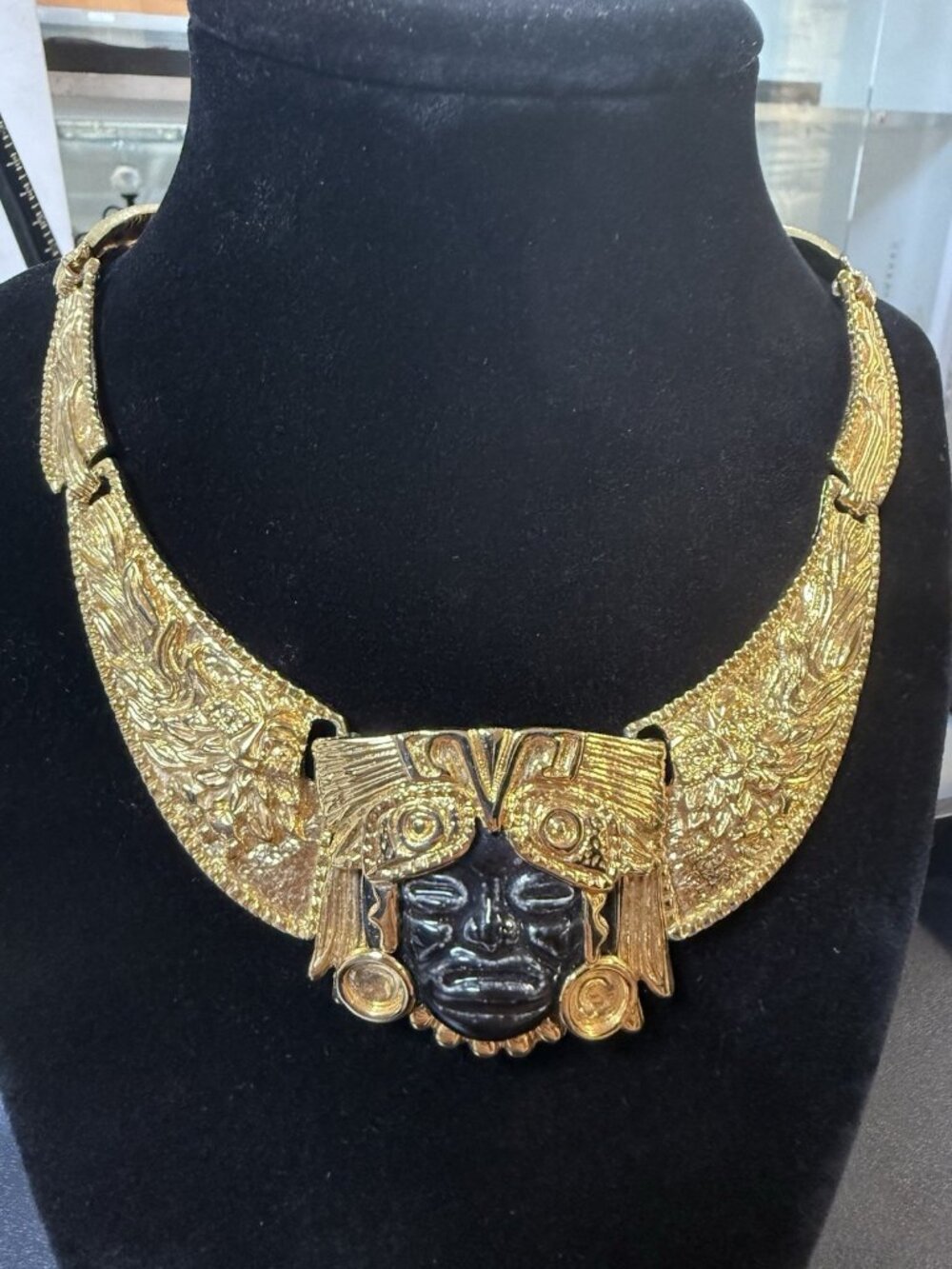 Vintage Necklace Salvador Teran Mexico Aztec Face 24K Gold Plate (R-84)